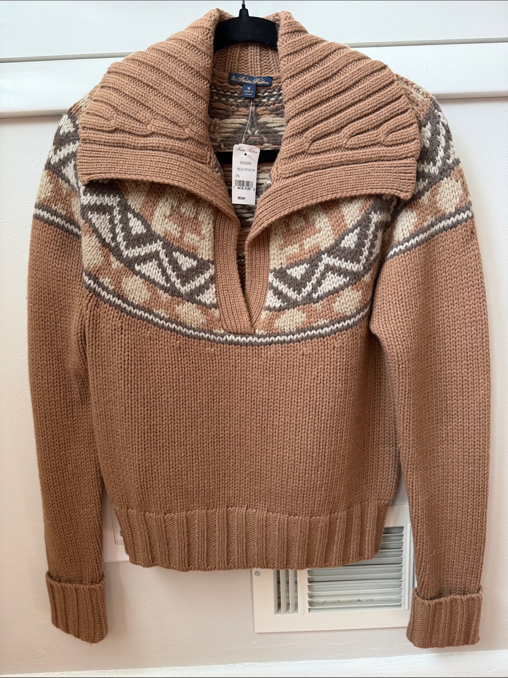 Brooks Brothers Camel Fair Isle Shawl-Collar Sweater